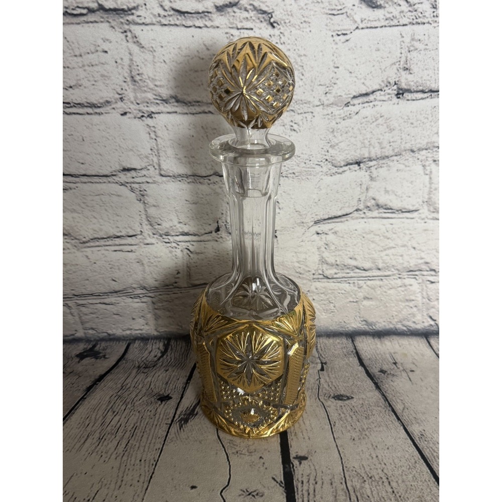 Rare Vintage Decanter Imperial Glass 11" MCM Round Stopper Star and File Gold